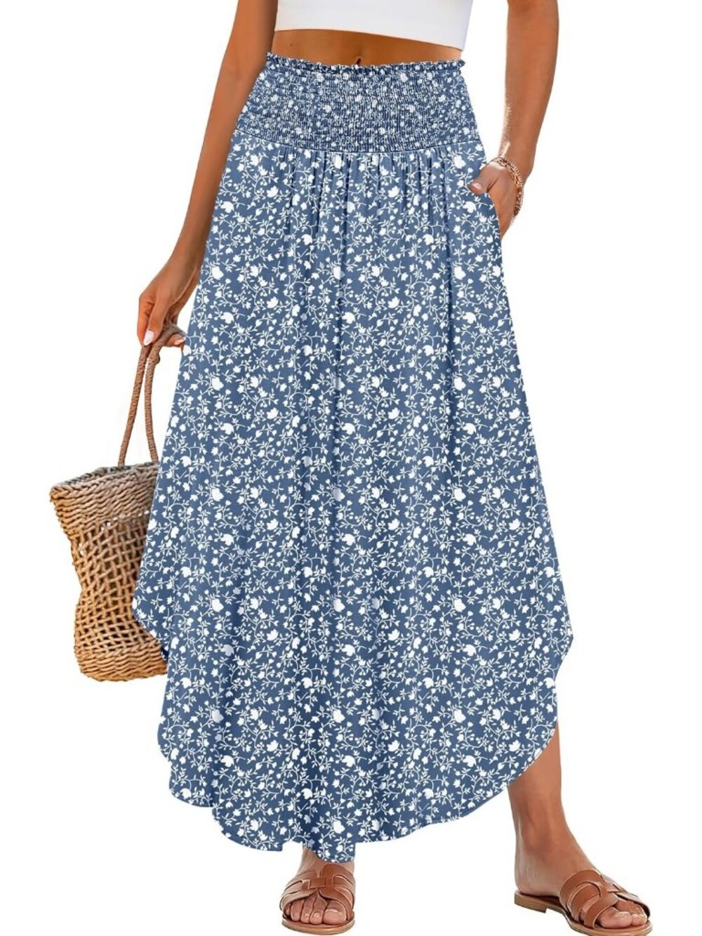 Women's Blue Boho Floral High Waisted Smocked Flowy Pocket Maxi Skirt